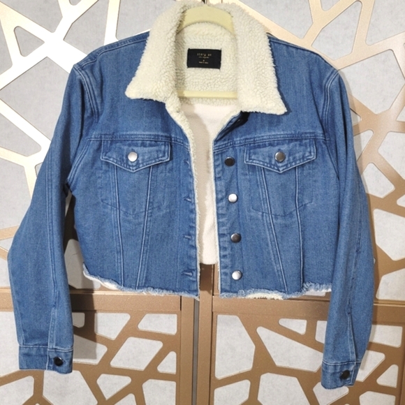 NWOT STORY ON LA Denim Cropped Distressed Jacket Shearling Collar - Picture 1 of 15